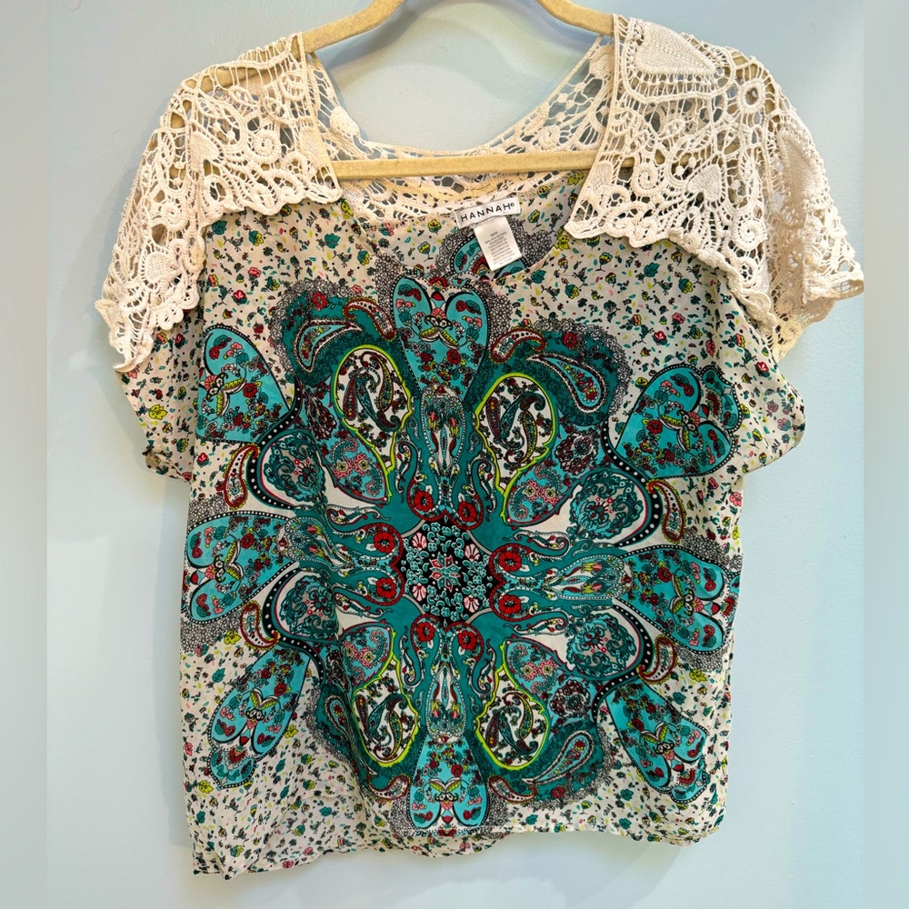 Paisley floral print blouse with crochet trim